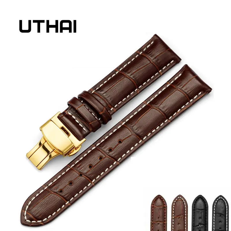UTHAI Z06-gold dvakrát klikněte elastické motýl spony popruh hovězí kůže dermální 14/16/18/19/20/21/22 /24mm náramkové hodinky Náramek + Nástroj 2