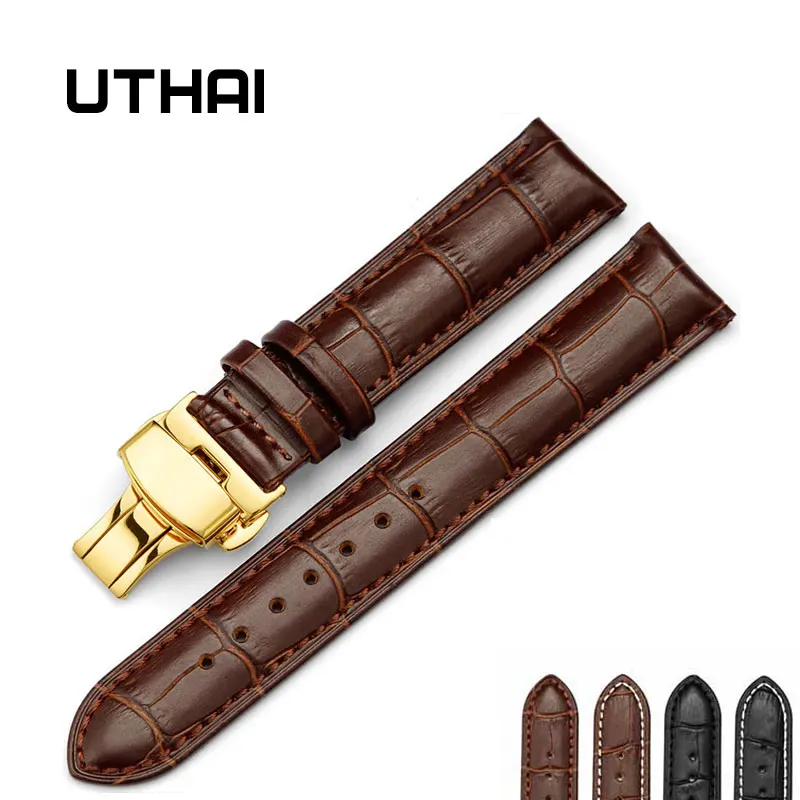 UTHAI Z06-gold dvakrát klikněte elastické motýl spony popruh hovězí kůže dermální 14/16/18/19/20/21/22 /24mm náramkové hodinky Náramek + Nástroj 4