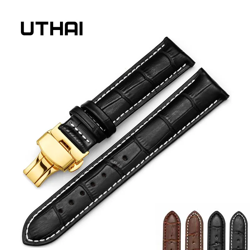 UTHAI Z06-gold dvakrát klikněte elastické motýl spony popruh hovězí kůže dermální 14/16/18/19/20/21/22 /24mm náramkové hodinky Náramek + Nástroj 5