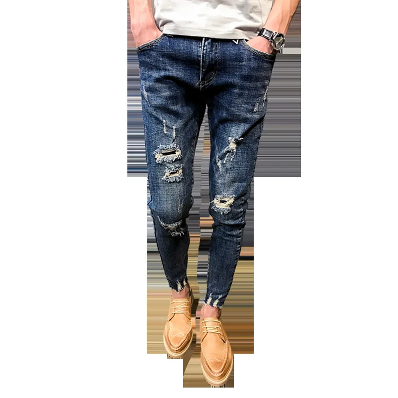 Velkoobchodní 2020 teenagery Džínové Kalhoty žebrák pánské slim-fit malé nohy roztřepené džíny mužské úsek sociální ducha tužka kalhoty 1