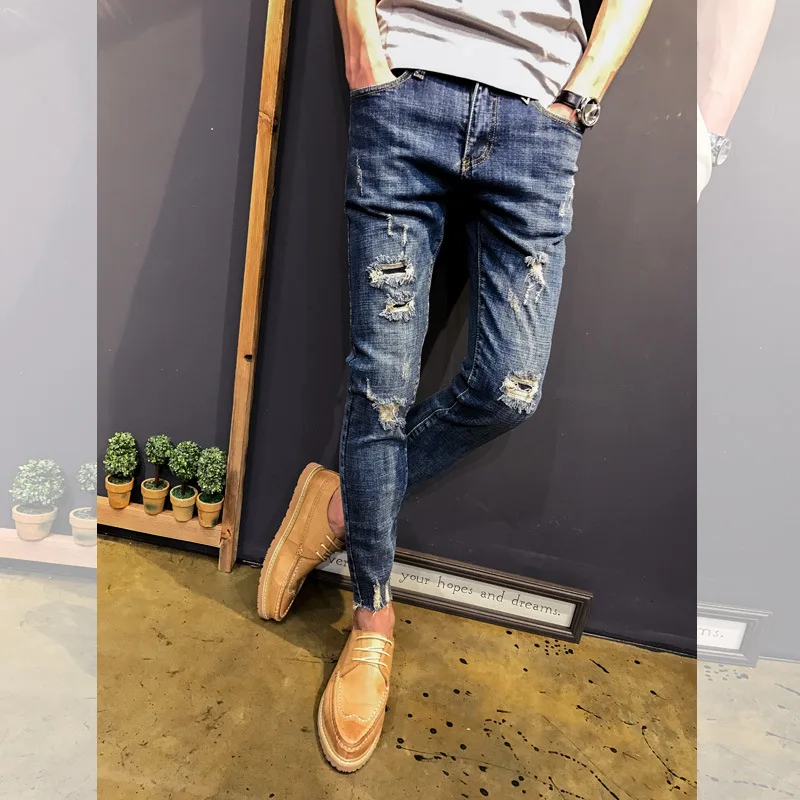 Velkoobchodní 2020 teenagery Džínové Kalhoty žebrák pánské slim-fit malé nohy roztřepené džíny mužské úsek sociální ducha tužka kalhoty 2