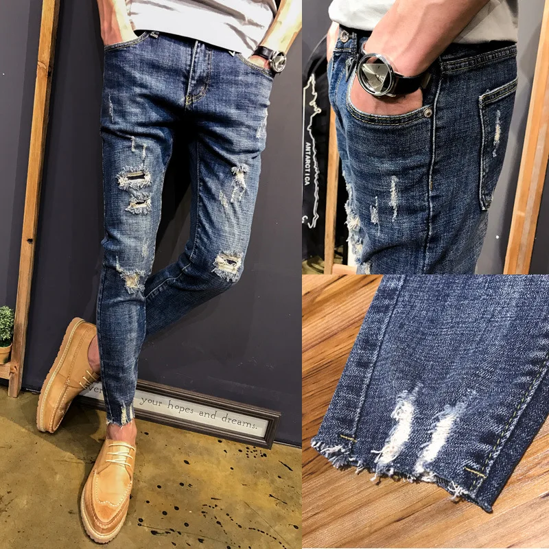Velkoobchodní 2020 teenagery Džínové Kalhoty žebrák pánské slim-fit malé nohy roztřepené džíny mužské úsek sociální ducha tužka kalhoty 4