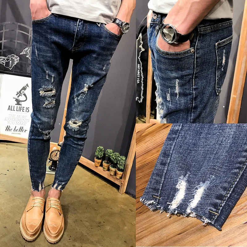 Velkoobchodní 2020 teenagery Džínové Kalhoty žebrák pánské slim-fit malé nohy roztřepené džíny mužské úsek sociální ducha tužka kalhoty 5