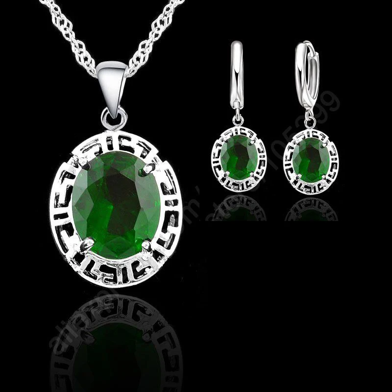 Velký Promation 925 Sterling Silver Kulatý Přívěsek Náhrdelník Náušnice Soupravy Pro Ženy Luxusní Zelené AAA Crystal Svatební Šperky 2