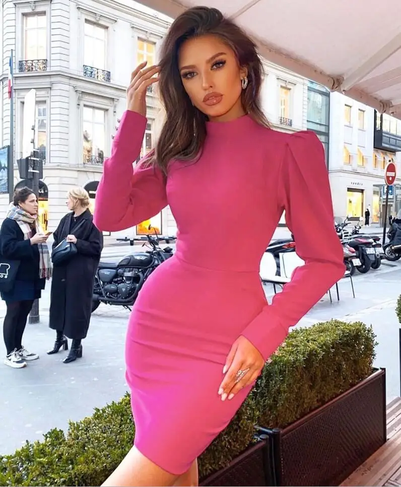Vero Sinly Zimní Dámský Sexy Dlouhý Rukáv Rolák Hot Pink Mini Obvaz Šaty 2020 Elegantní Večerní Party Šaty Vestidos 0