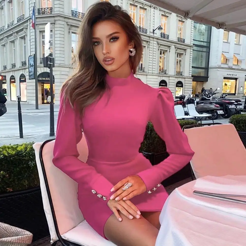 Vero Sinly Zimní Dámský Sexy Dlouhý Rukáv Rolák Hot Pink Mini Obvaz Šaty 2020 Elegantní Večerní Party Šaty Vestidos 1