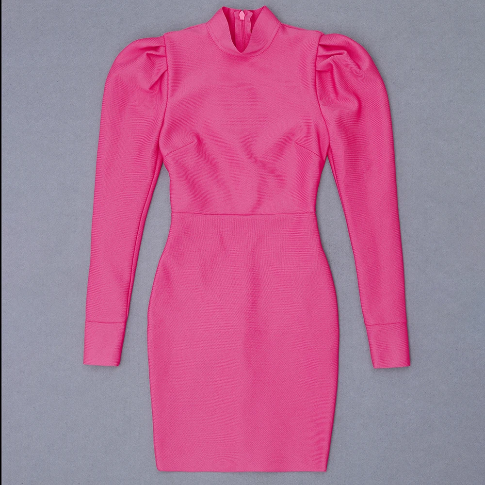 Vero Sinly Zimní Dámský Sexy Dlouhý Rukáv Rolák Hot Pink Mini Obvaz Šaty 2020 Elegantní Večerní Party Šaty Vestidos 2