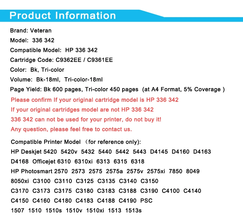 Veterán Kompatibilní pro HP 336 342 Inkoustová Kazeta pro hp Deskjet 5440 5420 D4100 PSC 1500 1510 1600 1610 2710 2575 C3180 printer 5
