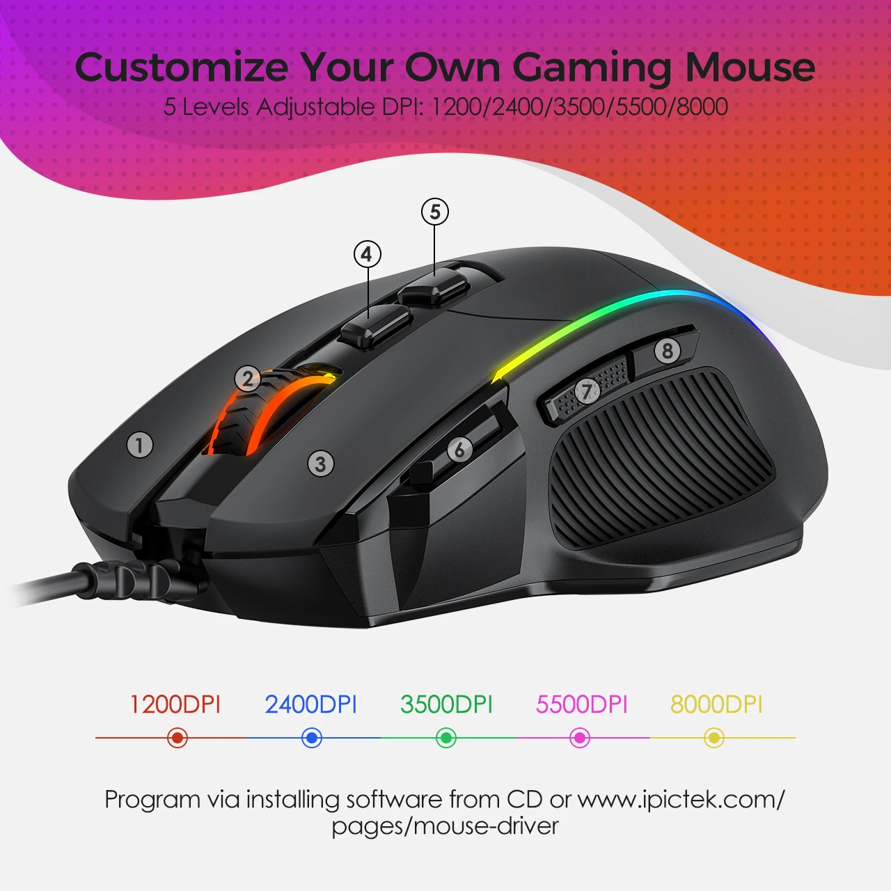 VicTsing PC278 Herní Myš Drátová Ergonomická myš s 8000DPI 8 Programovatelných Tlačítek RGB Podsvícením pro PC Gamer Počítačové Myši 2