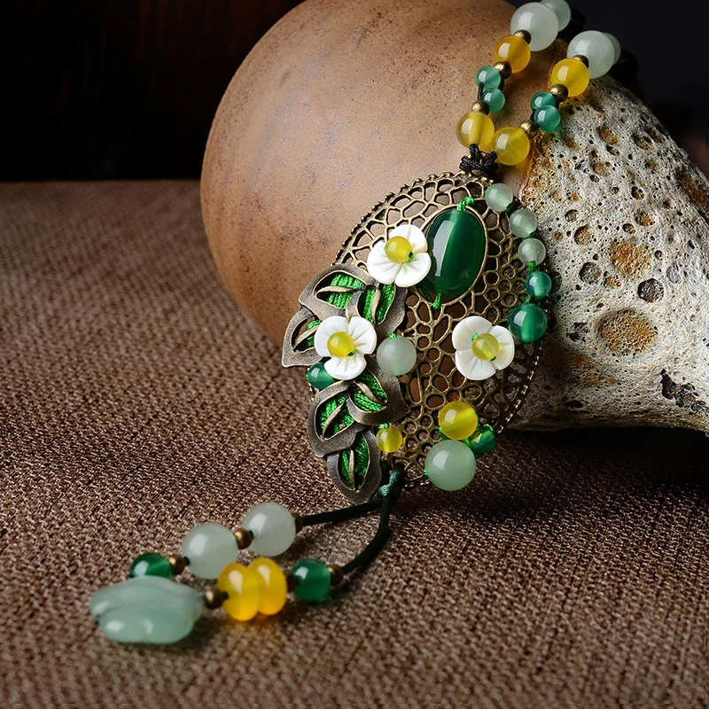 Vintage Shell Květinové Náhrdelníky Žena, Zelená Suspenze dlouhý Náhrdelník Přívěsek Lano Řetěz Etnické Kámen Náhrdelník Módní Jewelry2018 3