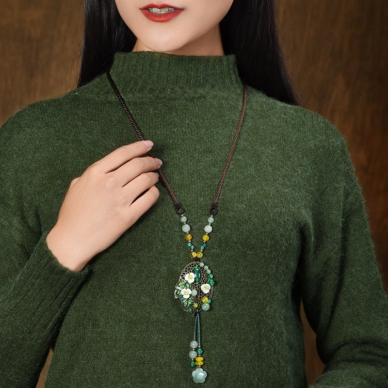 Vintage Shell Květinové Náhrdelníky Žena, Zelená Suspenze dlouhý Náhrdelník Přívěsek Lano Řetěz Etnické Kámen Náhrdelník Módní Jewelry2018 4