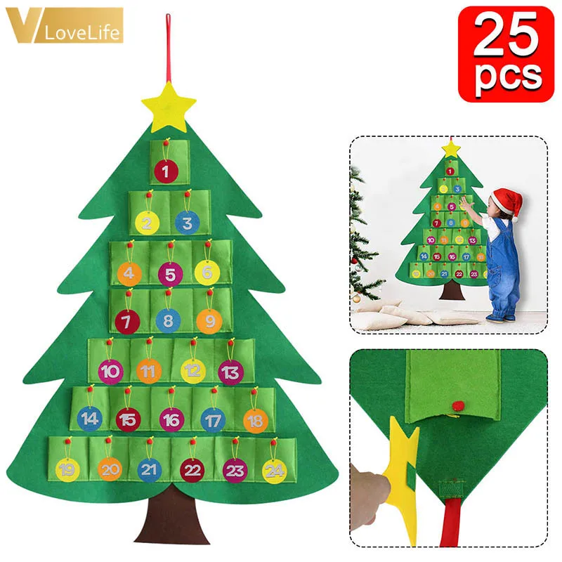 Vánoční Dekorace Děti DIY Cítil Vánoční Strom kalendář s Ornamenty, Děti, Nový Rok, Dárky, Vánoce 2020 Dveře Zavěšení na Zeď 2