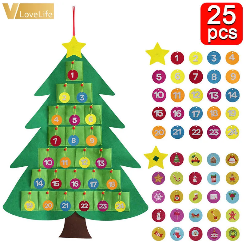 Vánoční Dekorace Děti DIY Cítil Vánoční Strom kalendář s Ornamenty, Děti, Nový Rok, Dárky, Vánoce 2020 Dveře Zavěšení na Zeď 4