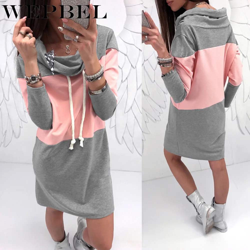 WEPBEL Sport Sweatshirt Dress Casual Autumn Women Long Sleeve High Collar Patchwork Maxi Dress 0
