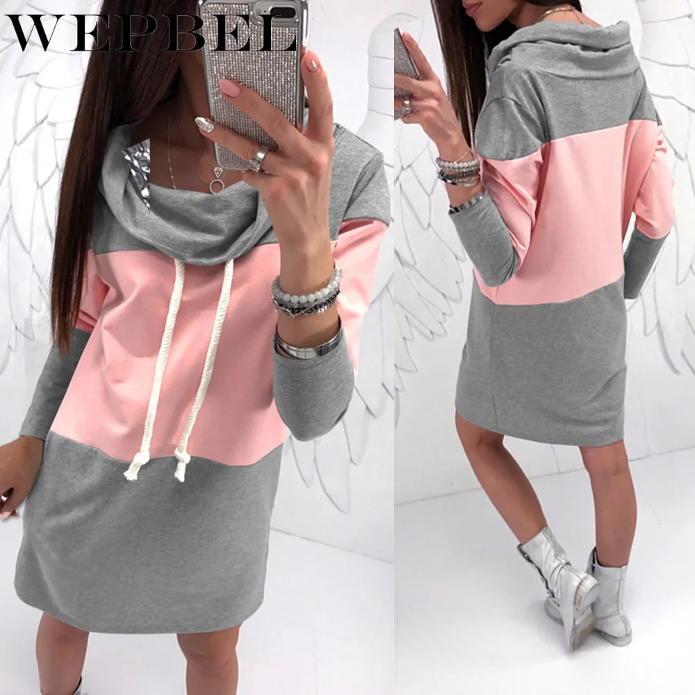 WEPBEL Sport Sweatshirt Dress Casual Autumn Women Long Sleeve High Collar Patchwork Maxi Dress 5