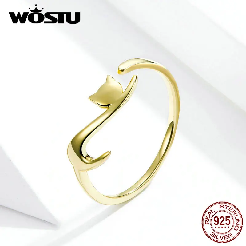 WOSTU Real 925 Sterling Silver Lepkavé Kočka Zlaté Barvy Prsteny Pro Ženy, Svatební Nastavitelné Kroužky Prst Jemné Šperky Dárek FIR220-B 0