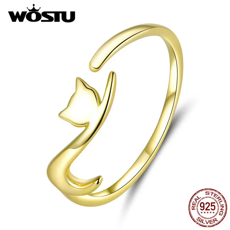 WOSTU Real 925 Sterling Silver Lepkavé Kočka Zlaté Barvy Prsteny Pro Ženy, Svatební Nastavitelné Kroužky Prst Jemné Šperky Dárek FIR220-B 2