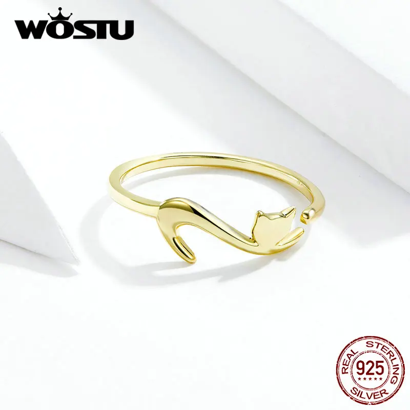 WOSTU Real 925 Sterling Silver Lepkavé Kočka Zlaté Barvy Prsteny Pro Ženy, Svatební Nastavitelné Kroužky Prst Jemné Šperky Dárek FIR220-B 5