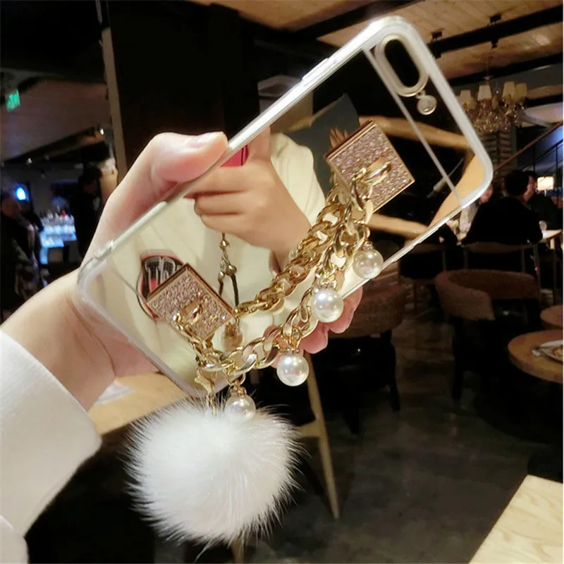 XSMYiss Elegantní Zrcadlo Kožešiny Míč Střapec Kryt pro Samsung S6 S7 S8 S9 S10 PLUS S10 Lite Note5 8 9 Plus telefon Případě 1