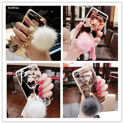 XSMYiss Elegantní Zrcadlo Kožešiny Míč Střapec Kryt pro Samsung S6 S7 S8 S9 S10 PLUS S10 Lite Note5 8 9 Plus telefon Případě 2
