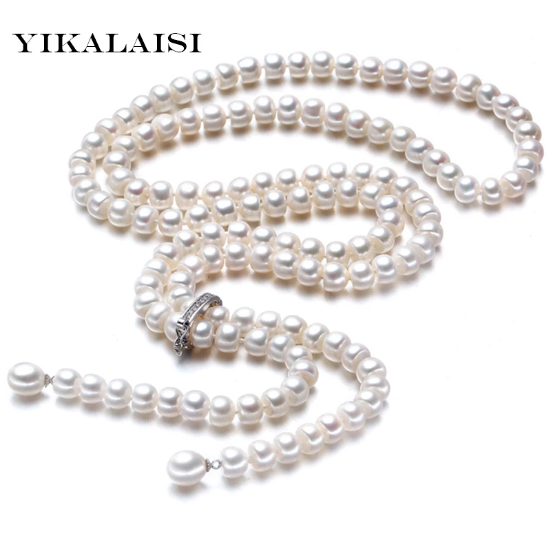 YIKALAISI 925 Sterling Silver, Přírodní Sladkovodní Perly Dlouhý Náhrdelník Šperky Pro Ženy 8-9 mm Skutečná Perla Módní Náhrdelníky 2