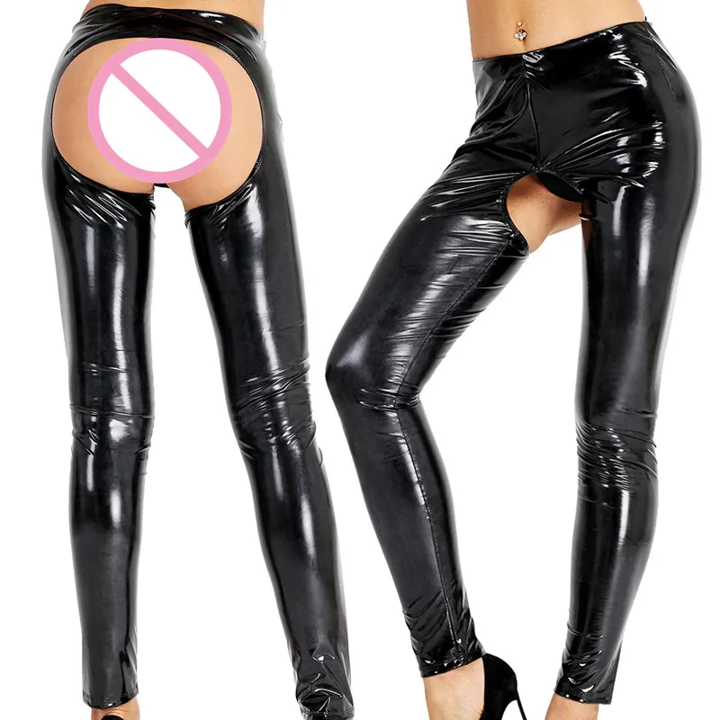 YiZYiF Sexy Ženy spodní Prádlo Mokrý Vzhled Patent Kožené Legíny Otevřené v Rozkroku a Otevřeným Zadek Kalhoty Skinny Elastické Legging Kalhoty 4