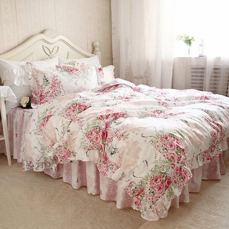 Zahradní princezna ložní prádlo set elegantní květinové tisk povlečení prohrábnout peřinu kvalitní postel sukni krajky dekorativní lůžkoviny prostěradlo 0