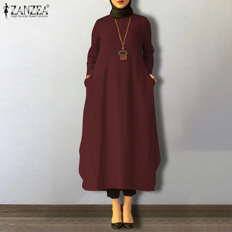 ZANZEA Ženy Podzim Dubaj Abaya Turecko Hidžáb Muslimské Šaty letní Šaty Ležérní Dlouhý Rukáv Košile Šaty Robe Femme 5XL Kaftan 0