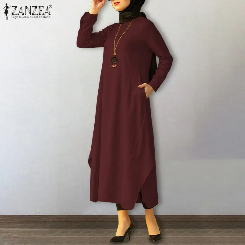 ZANZEA Ženy Podzim Dubaj Abaya Turecko Hidžáb Muslimské Šaty letní Šaty Ležérní Dlouhý Rukáv Košile Šaty Robe Femme 5XL Kaftan 1