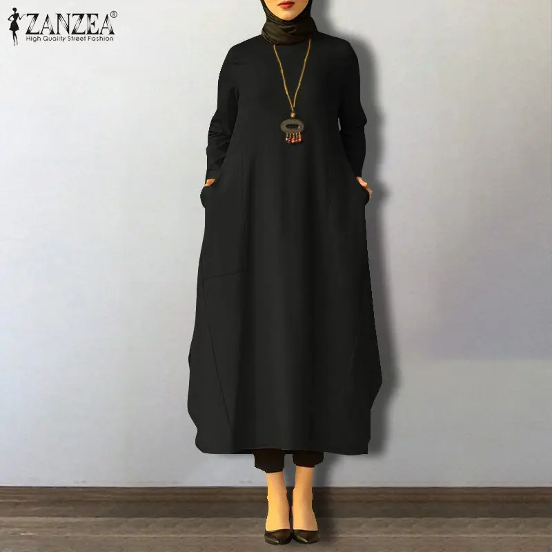 ZANZEA Ženy Podzim Dubaj Abaya Turecko Hidžáb Muslimské Šaty letní Šaty Ležérní Dlouhý Rukáv Košile Šaty Robe Femme 5XL Kaftan 2