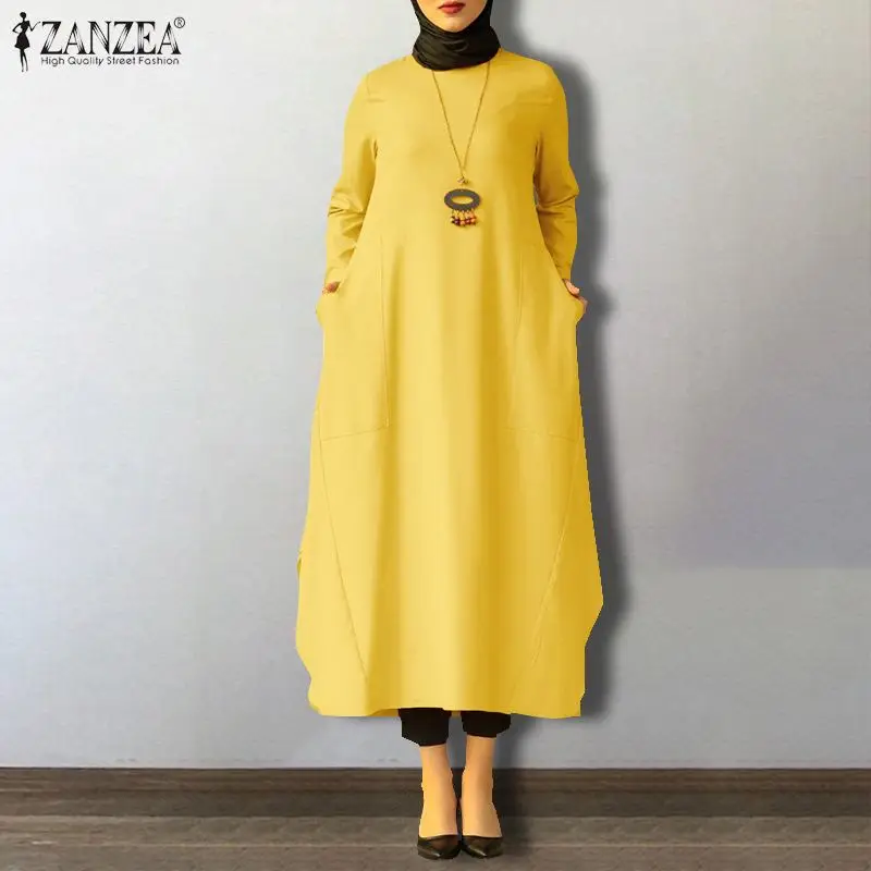 ZANZEA Ženy Podzim Dubaj Abaya Turecko Hidžáb Muslimské Šaty letní Šaty Ležérní Dlouhý Rukáv Košile Šaty Robe Femme 5XL Kaftan 3