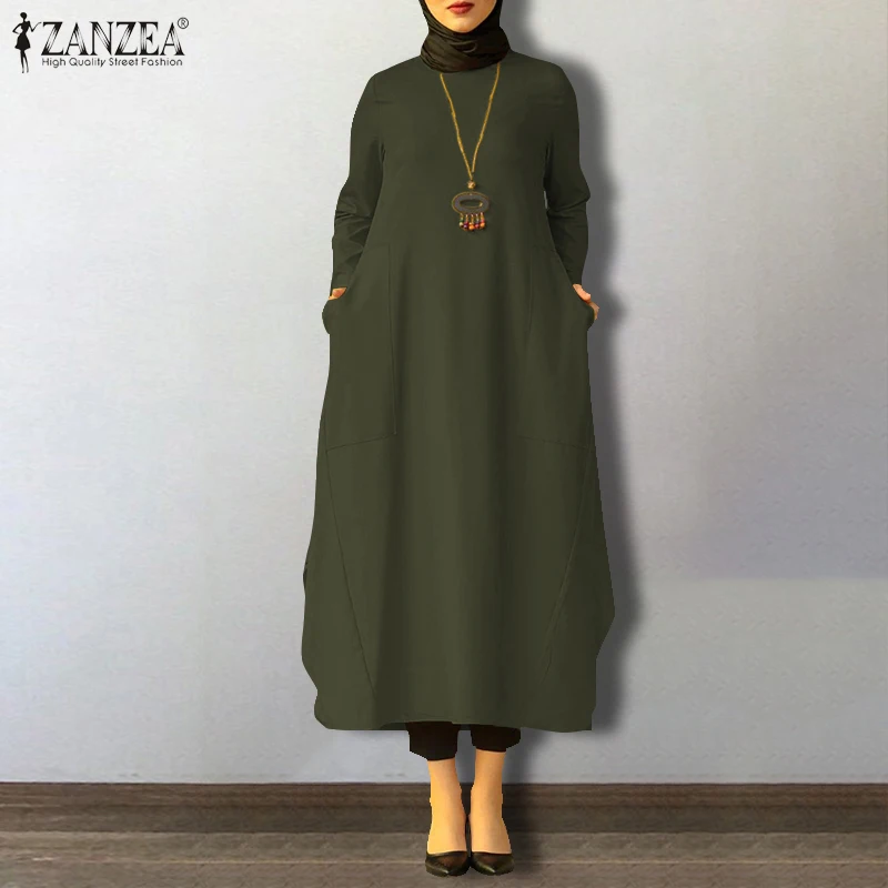 ZANZEA Ženy Podzim Dubaj Abaya Turecko Hidžáb Muslimské Šaty letní Šaty Ležérní Dlouhý Rukáv Košile Šaty Robe Femme 5XL Kaftan 5