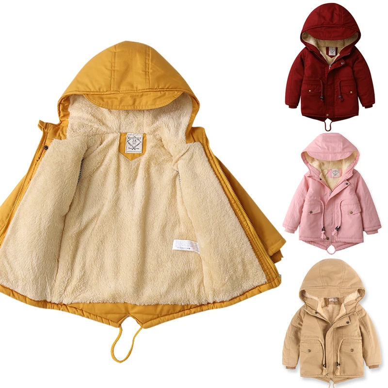 Zimní dětské s kapucí plyšová bavlna bunda větrovka kabát Nové chlapce a dívky střední délka Plyšové pasu bavlněná bunda 2