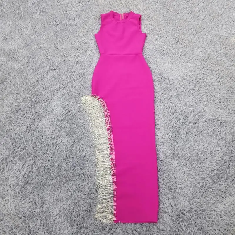 Zimní Módní Sexy Střapec Bez Rukávů Diamanty Hot Pink Dlouhé Bodycon Obvaz Šaty 2021 Elegantní Večerní Party Šaty Vestidos 4
