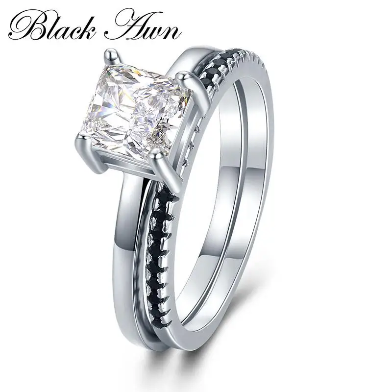 ČERNÁ AWN Nové 925 Sterling Silver Šperky Řádek Černý Kámen Svatební Prsten Sady pro Ženy Femme Bijoux Bague C436 0