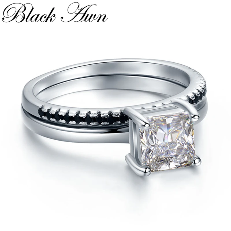ČERNÁ AWN Nové 925 Sterling Silver Šperky Řádek Černý Kámen Svatební Prsten Sady pro Ženy Femme Bijoux Bague C436 3