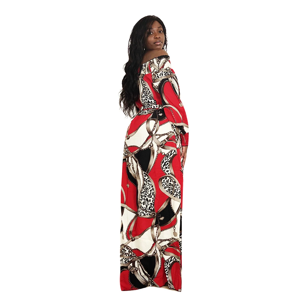 Červená Barva Tištěné Off Rameno Puff Rukáv Ženy Šaty Leopard Křídel Indie Folk Maxi Šaty pro Africké 1