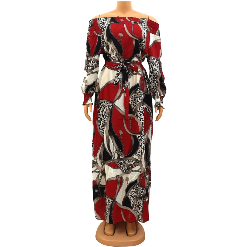 Červená Barva Tištěné Off Rameno Puff Rukáv Ženy Šaty Leopard Křídel Indie Folk Maxi Šaty pro Africké 2
