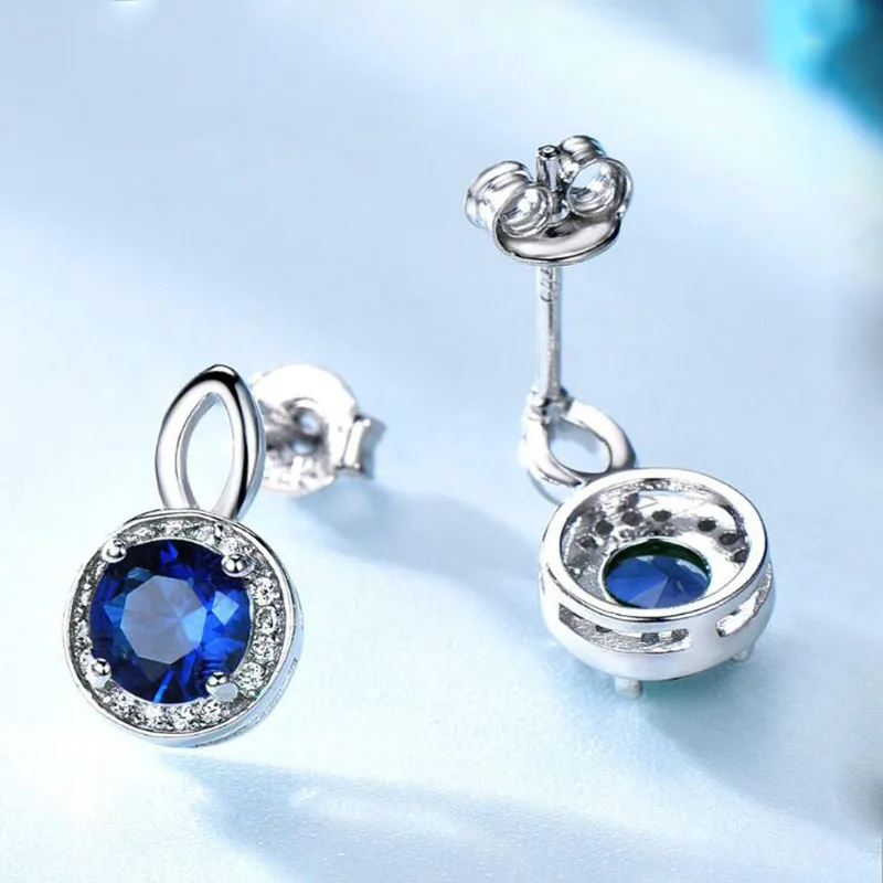 Čisté 925 Sterling Silver Sapphire Náušnice Pro Ženy Modrý Drahokam Kolo Stud Náušnice Módní Jemné Šperky Dárek 1