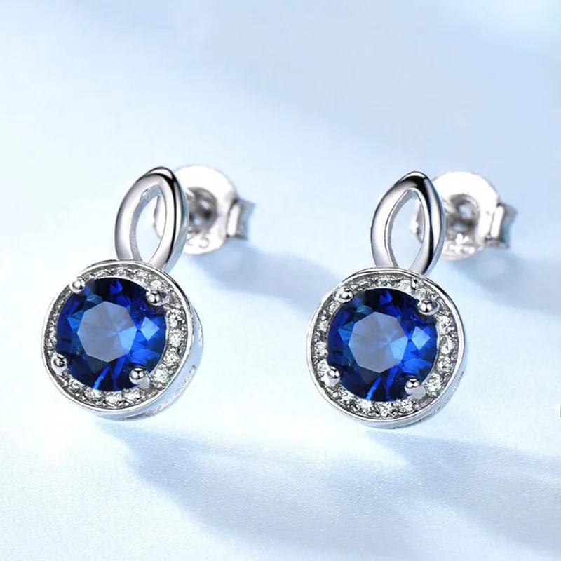 Čisté 925 Sterling Silver Sapphire Náušnice Pro Ženy Modrý Drahokam Kolo Stud Náušnice Módní Jemné Šperky Dárek 4