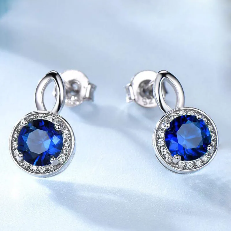 Čisté 925 Sterling Silver Sapphire Náušnice Pro Ženy Modrý Drahokam Kolo Stud Náušnice Módní Jemné Šperky Dárek 5