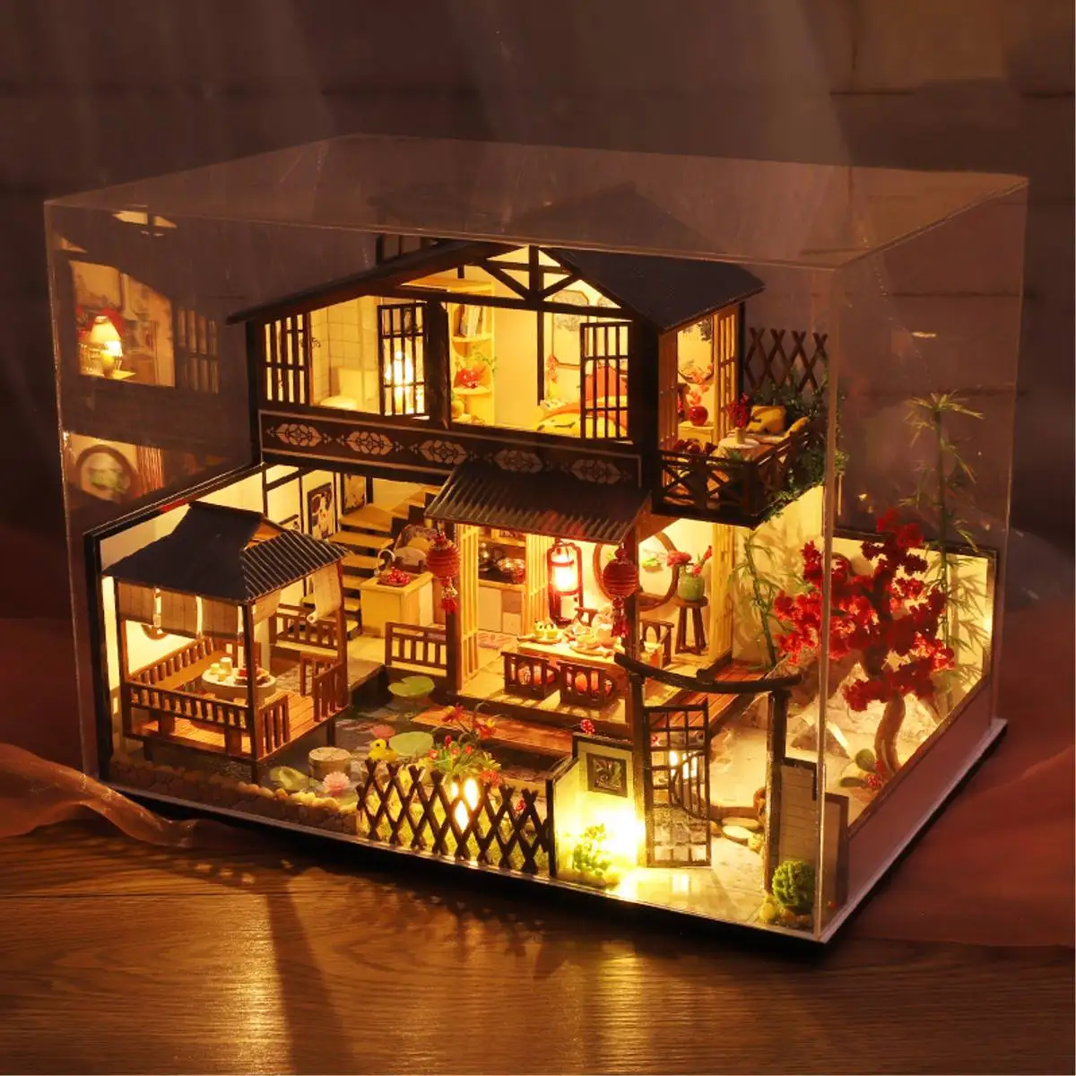 Čínský Styl DIY Doll House Miniaturní Nábytek Dřevěný Domeček pro panenky hvězdičkového Hotelu Loft Dar, Dům, Hračky pro Děti 0