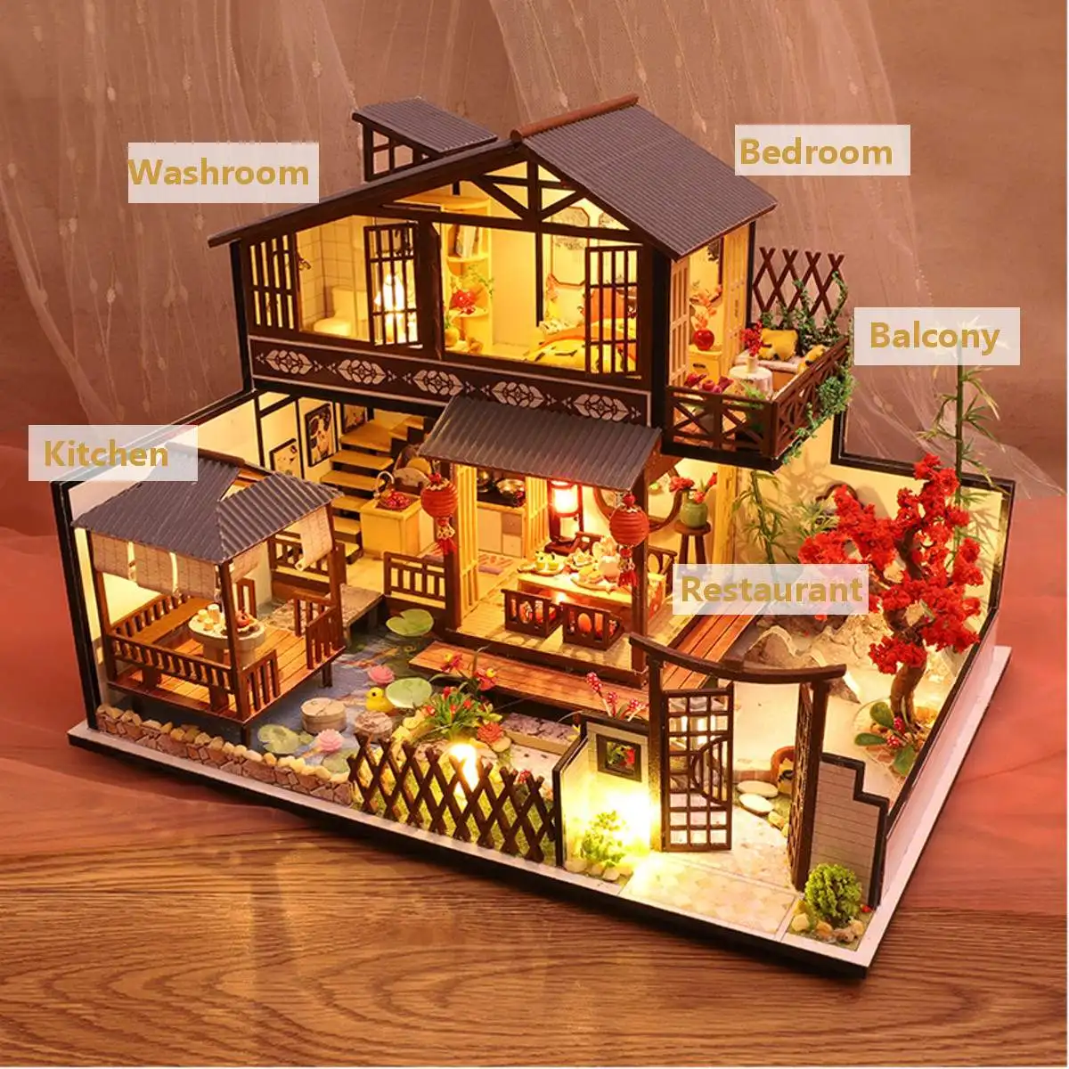 Čínský Styl DIY Doll House Miniaturní Nábytek Dřevěný Domeček pro panenky hvězdičkového Hotelu Loft Dar, Dům, Hračky pro Děti 5