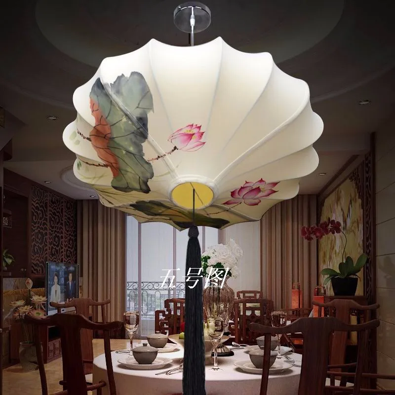 Čínský styl lampy nové klasické tkaniny lotus leaf lampa rustikální příležitostná romantické dekorace závěsná lampa 40-60cm muž ruční kreslení 1