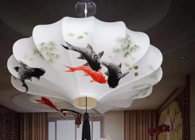 Čínský styl lampy nové klasické tkaniny lotus leaf lampa rustikální příležitostná romantické dekorace závěsná lampa 40-60cm muž ruční kreslení 2