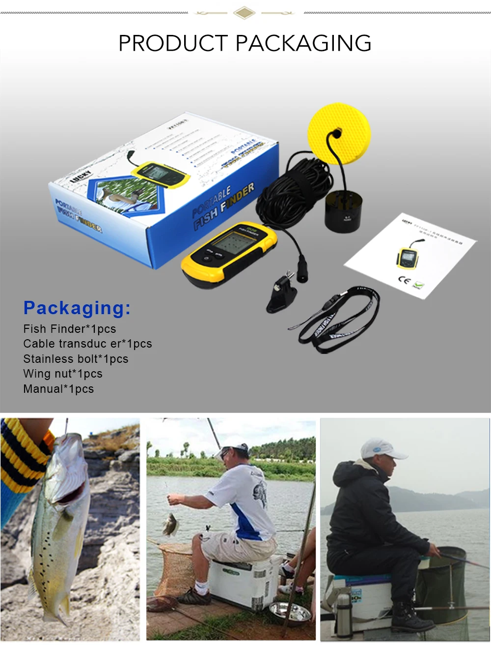 Štěstí FFC1108-1 Pevné Přenosné hloubkoměr rybaření finder sonar senzor 100M Muti-jazyk finder ryb ryby lákat echo lcd 3