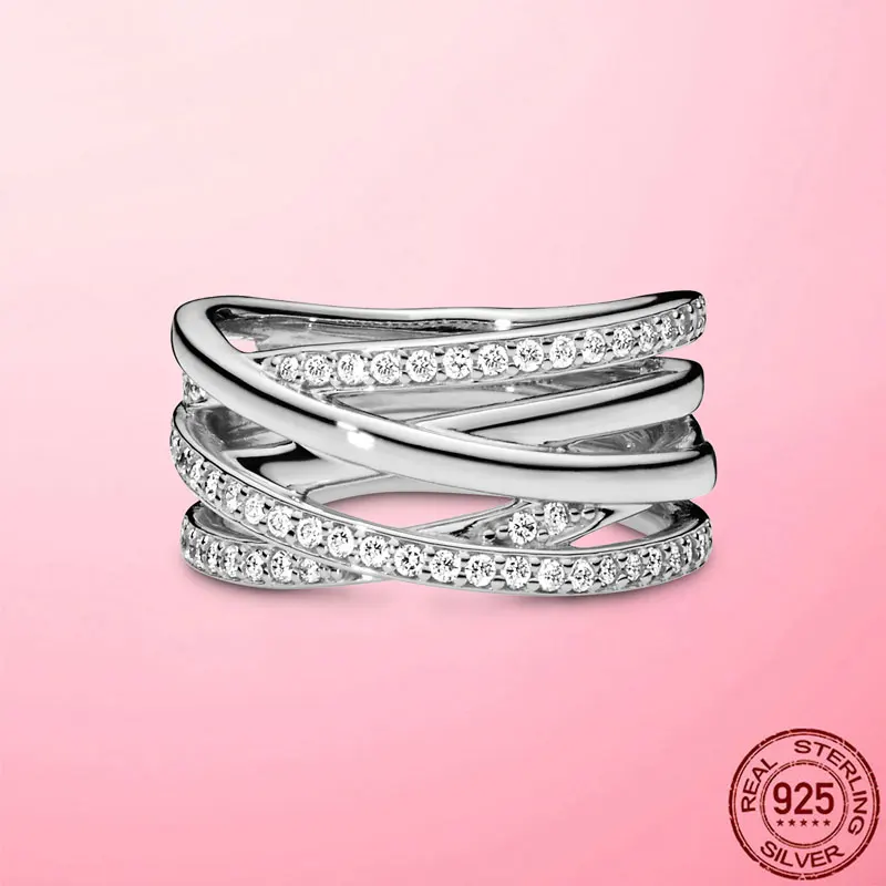 Ženský Prsten 2021 Nové 925 Sterling Silver Šumivé A Leštěné Linky Prst Prsten pro Ženy, Svatební Zásnubní Šperky Dárek Anel 2